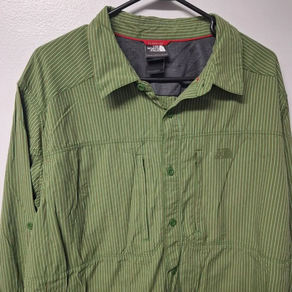 The North‎ Face Button Down Shirt Green Stripes Long Sleeve Mens XL Breathable
